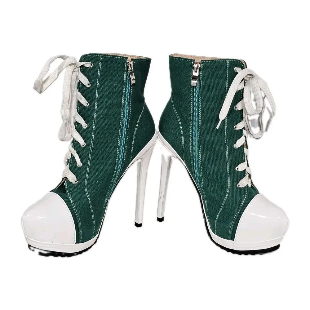 Canvas Sneaker Boot Heels Platform Stiletto Green White Lace Up Zip Women 38 7.5